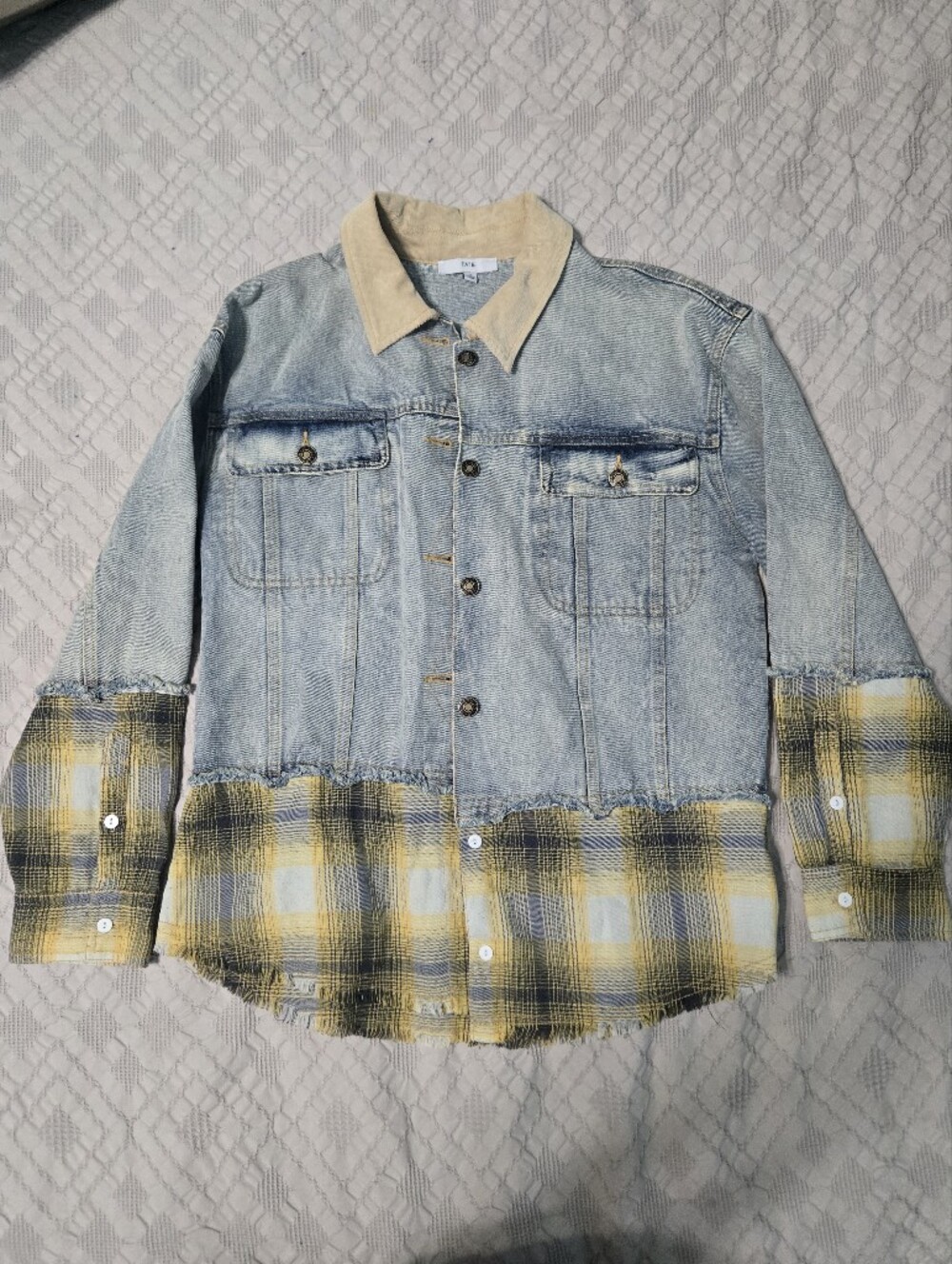Fate Light Denim Jacket with Yellow Plaid Trim & Corduroy Collar